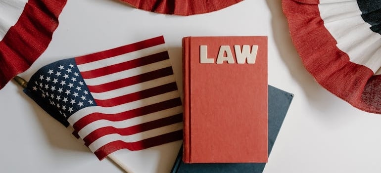 US flag and a book titled Law